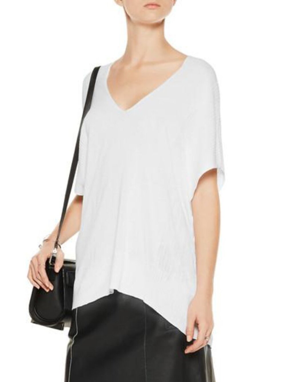 NWT $265 Vince White Ribbed Panel Double V-Neck Cap Sleeve Loose Long Knit Top S